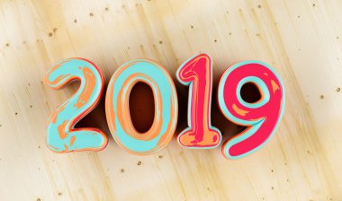 New year 2019 celebration. colorful inked numeral 2019 on wood background. New Year's Eve, concept image - 3d rendering - Illustration 