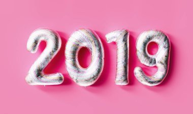New year 2019 celebration. white colored numeral 2019 and confetti on pink background. New Year's Eve, concept image - 3d rendering - Illustration 
