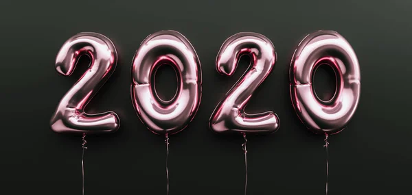 祝2020年新年快乐 黑色背景的数字2020粉色金属箔气球 — 图库照片