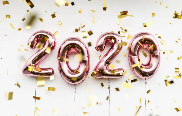 2020年新年庆祝活动 粉红金属箔气球 数字2020和白色背景的圆饼 — 图库照片