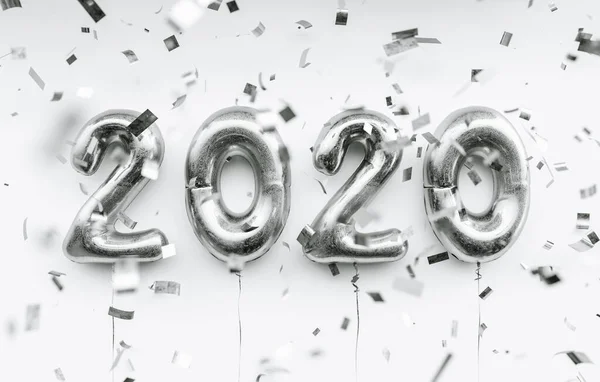 New Year 2020 Celebration Silver Foil Balloons Numeral 2020 Confetti — Φωτογραφία Αρχείου