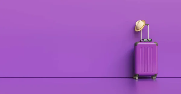 Валіза Капелюхом Сонцезахисними Окулярами Фіолетовому Фоні Концепція Подорожі Простором Копіювання — стокове фото