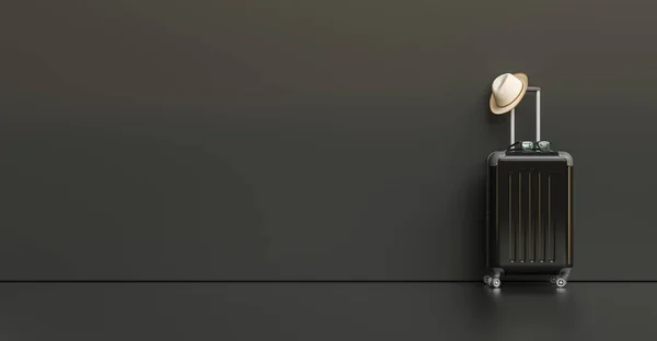 Suitcase Hat Sunglasses Black Background Travel Concept Copy Space Individual — Stock Fotó