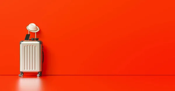 Walizka Kapeluszu Okulary Przeciwsłoneczne Smartfon Czerwonym Tle Koncepcja Podróży Kopią — Zdjęcie stockowe