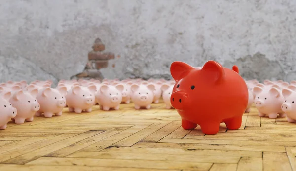 Big red piggy bank with small pink piggy banks, investment and development concept