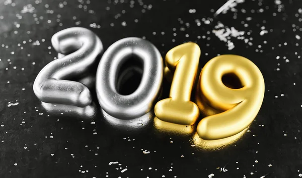 Novoroční Oslava2019 Stříbrné Číslo 2019 Zlaté Mettalické Černé Pozadí Silvestr — Stock fotografie