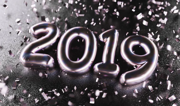 Novoroční Oslava2019 Silver Purple Metalická Číslice 2019 Konfety Černém Pozadí — Stock fotografie