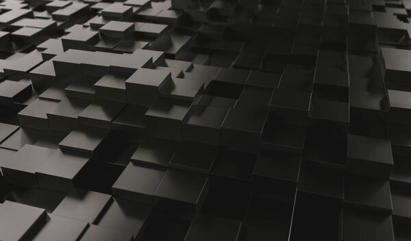 Realistic black geometric cubes, located in space at different levels. Abstract background of 3d cubes - 3D rendering - Illustration