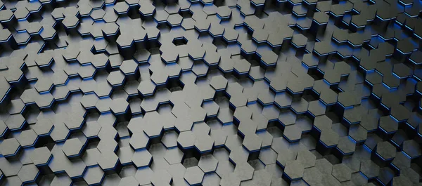 Blue Neon Abstract Hexagons Background Pattern Rendering Illustration — Stock Photo, Image