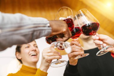 Arkadaşlar el kaldırır kırmızı şarap kadehi içerken ve şarap içerken eğlenirken - gençler evde eğlenirken - gençlik ve arkadaşlık kavramı