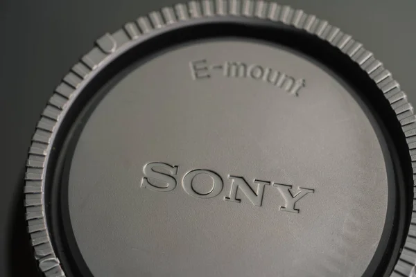 Berlin Germany December 2019 Sony Logo Lens Cap Sony Japanese — Stock Photo, Image