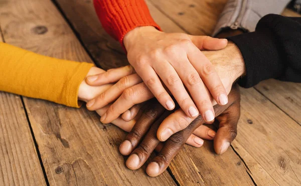 Diverse Hands Join Together Wooden Table — Stock Photo, Image