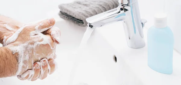 Washing Hands Man Rinsing Soap Running Water Sink Coronavirus Prevention — Stock Photo, Image