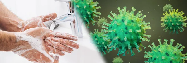 Washanden Man Spoelzeep Met Stromend Water Bij Gootsteen Coronavirus 2019 — Stockfoto