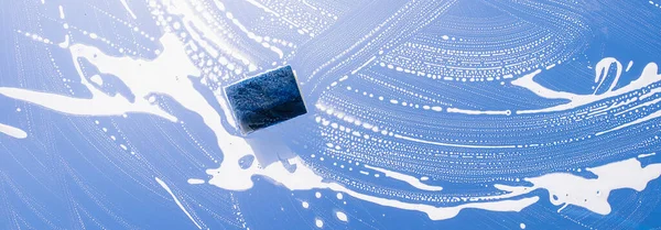 Cleaning Background Texture Chemical Soap Detergent Foam Clear Glass Sponge — ストック写真