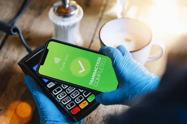 Contactless Payment Mobile Phone Close Woman Hand Paying Contactless Smartphone — Stockfoto