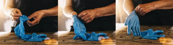 Barman Werknemer Draagt Een Medische Latex Handschoenen Het Werk Corona — Stockfoto