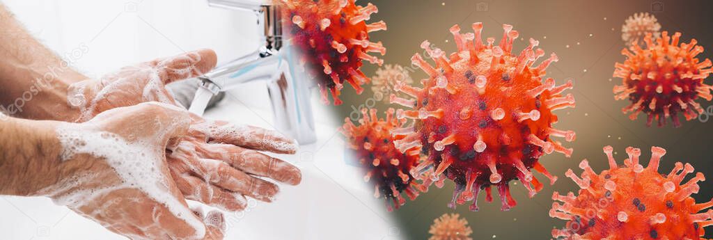 Washing hands man rinsing soap with running water at sink, Coronavirus 2019-ncov prevention hand hygiene. Corona Virus pandemic protection by cleaning hands frequently.