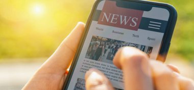 Online news on mobile phone. Close up of smartphone screen. Woman reading articles in application. Hand holding smart device. Mockup website. Newspaper and portal on internet. clipart