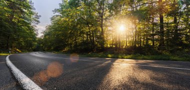 Gün batımında Alp Dağlarında Uzun Virajlı Orman Yolu
