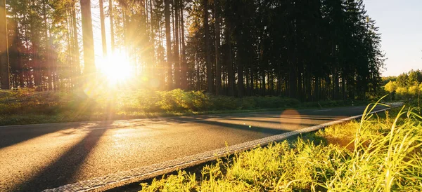 Long Chemin Forestier Dans Les Montagnes Alpines Coucher Soleil — Photo