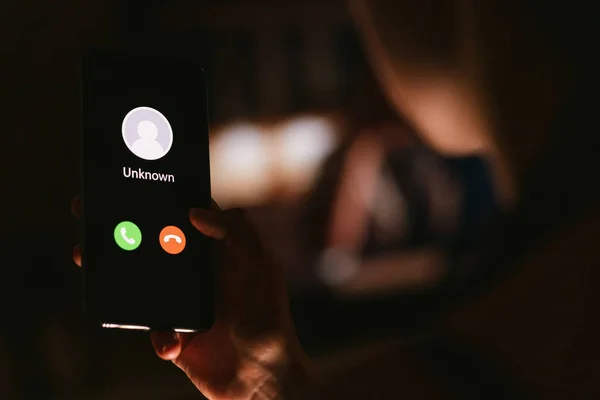 Phone Call Unknown Number Late Night Scam Fraud Phishing Smartphone — Stock Photo, Image