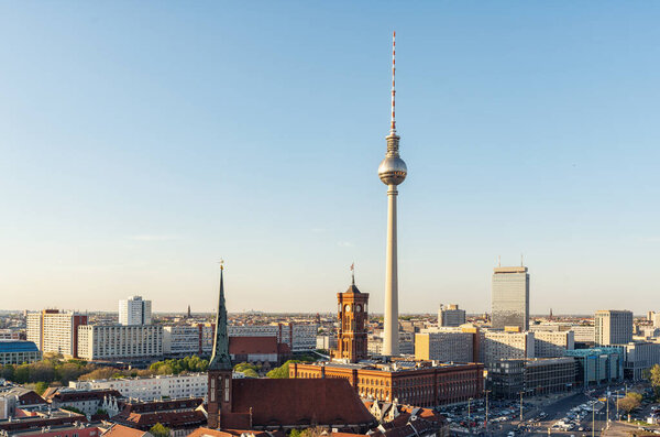 Aerial view of Berlin skyline with famous TV tower in beautiful evening light at sunset, Germany