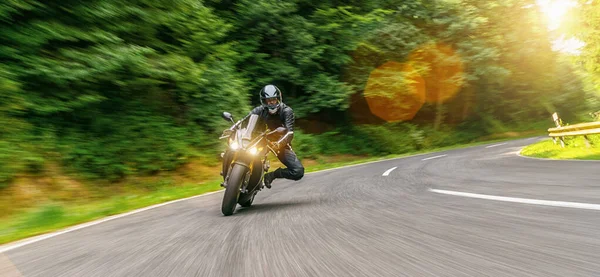 Motorbike Forest Road Riding Having Fun Driving Empty Road Motorcycle — Stock Photo, Image