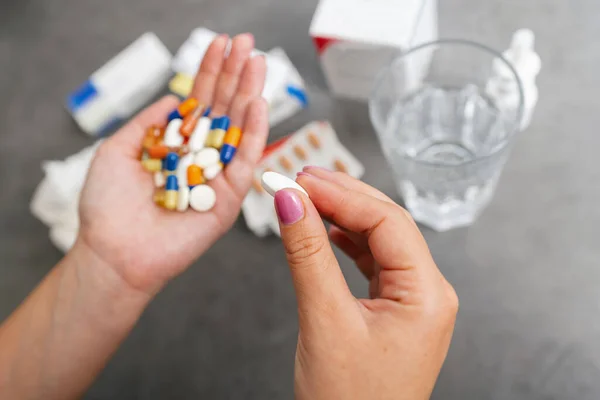 Woman Hands Holding Heap Small Meds Glass Water Taking Medication — Stock Photo, Image