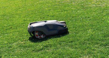 Çimlerin üzerinde robot çim biçme makinesi, yan görüş