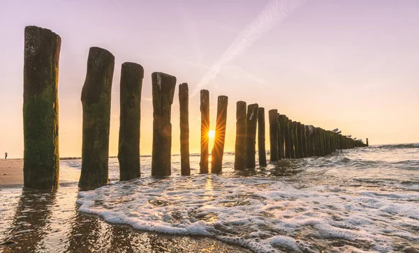 Písečná Pláž Vlnolamy Při Západu Slunce — Stock fotografie