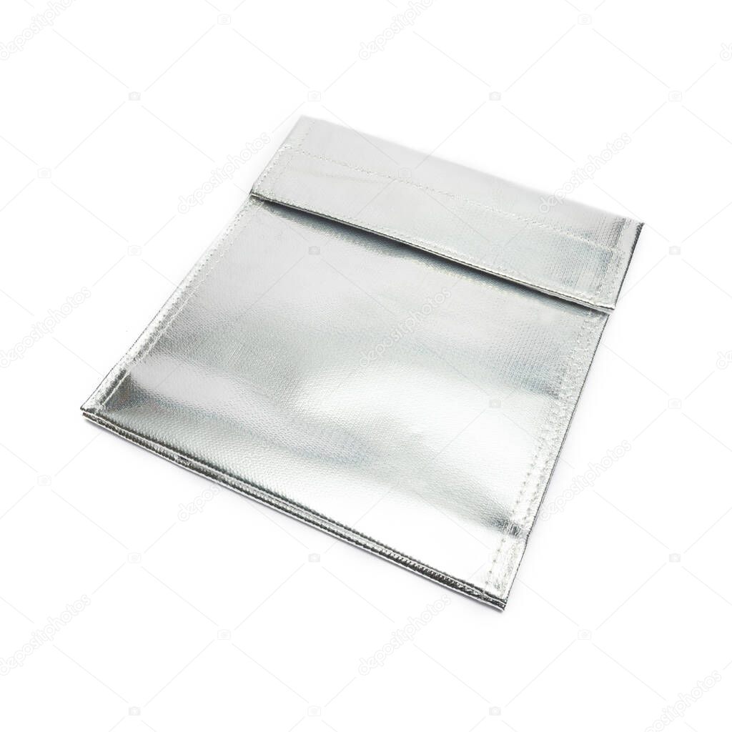 LiPo Lithium polymer batteries bag safety and protection from explotion and fire isolated on white backhround