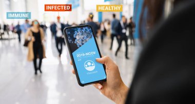 coronavirus tracking app on a mobile smartphone. Close up of woman tracking crowd of people in a smartphone screen application. Hand holding smart device. Mockup website. covid-19 corona virus tracker