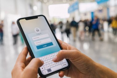 Akıllı telefondan online banka hesabına veya kişisel bilgilere internet üzerinden giriş yap. Sosyal medya uygulaması için kayıt. Hayali bir mobil uygulamanın kullanıcı adı ve parolasını yazıp girerek.