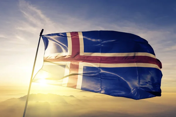 Ісландії Національний Прапор Текстильної Тканини Тканини Махав Вершині — стокове фото