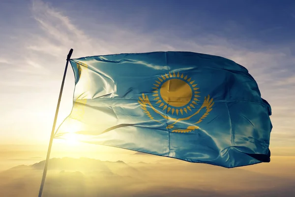 Kazakhstan National Flag Textile Cloth Fabric Waving Top — Stock Photo, Image