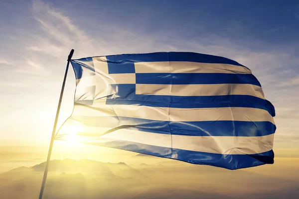 Греция Национальный Флаг Текстильная Ткань Ткани Размахивая Вершине — стоковое фото