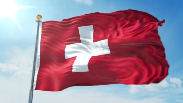 スイスの国旗がシームレスな レンダリング ビデオをループします で簡単クリップのルミナンス マットとしての隔離のグリーン スクリーンとのアルファ チャネルが含まれています 美しいテキスタイル布布ループを振ってください — ストック動画