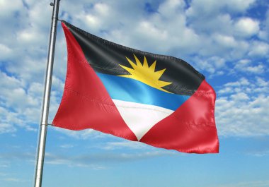Antigua ve Barbuda bayrak bayrak direği üzerinde gökyüzü arka plan gerçekçi 3d çizim üzerinde sallayarak