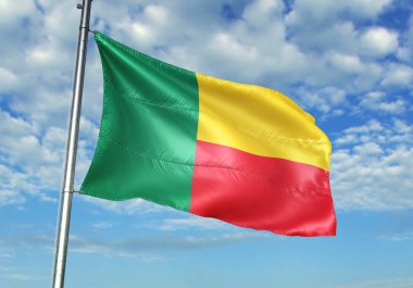 Benin bayrak bayrak direği üzerinde gökyüzü arka plan gerçekçi 3d çizim üzerinde sallayarak