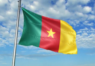 Kamerun bayrak bayrak direği üzerinde gökyüzü arka plan gerçekçi 3d çizim üzerinde sallayarak