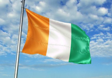 Cote d'Ivoire Ivory Coast flag waving on flagpole with sky on background realistic 3d illustration clipart