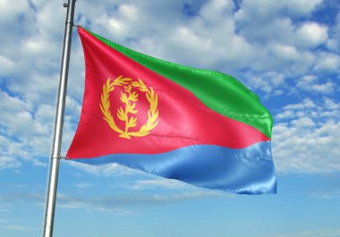 Eritre bayrak bayrak direği üzerinde gökyüzü arka plan gerçekçi 3d çizim üzerinde sallayarak