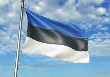 Estonya bayrak bayrak direği üzerinde gökyüzü arka plan gerçekçi 3d çizim üzerinde sallayarak