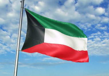 Kuveyt bayrak bayrak direği üzerinde gökyüzü arka plan gerçekçi 3d çizim üzerinde sallayarak