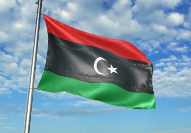 Libya bayrak bayrak direği üzerinde gökyüzü arka plan gerçekçi 3d çizim üzerinde sallayarak