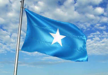 Somali bayrak bayrak direği üzerinde gökyüzü arka plan gerçekçi 3d çizim üzerinde sallayarak