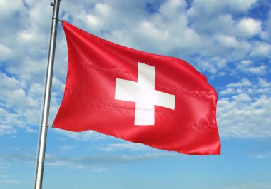 İsviçre bayrak bayrak direği üzerinde gökyüzü arka plan gerçekçi 3d çizim üzerinde sallayarak