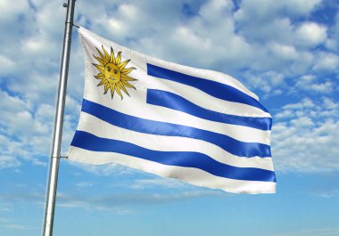 Uruguay bayrak bayrak direği üzerinde gökyüzü arka plan gerçekçi 3d çizim üzerinde sallayarak