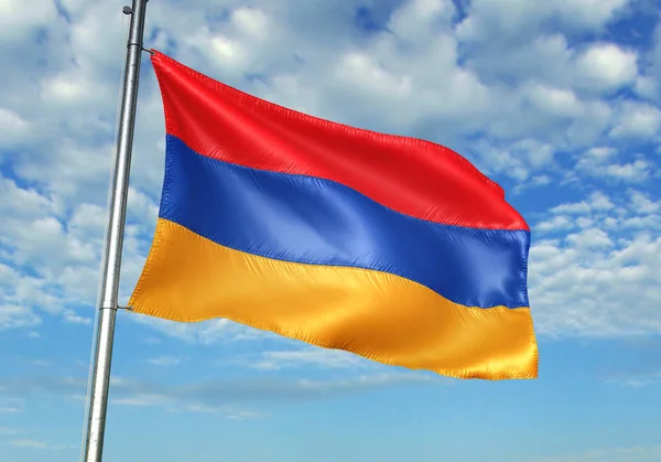 Armenië Vlag Zwaaien Vlaggenmast Met Sky Achtergrond Realistische Illustratie — Stockfoto